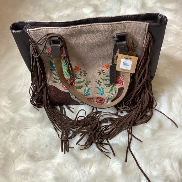 Ariat Western Women Tote Bag Fringe Floral Concealed Carry Brown Embroidered NWT - Picture 3 of 13